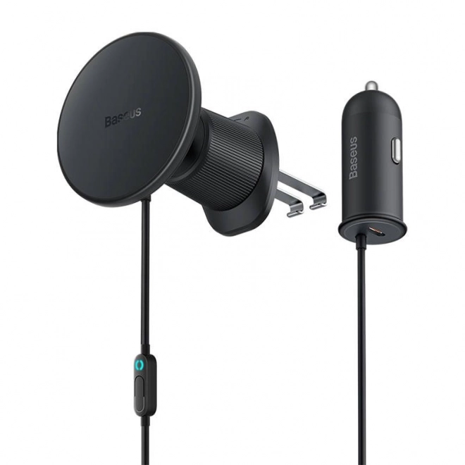Magnetni nosilec telefona za avto Baseus CW01 za prezračevalno rešetko s polnilcem za avto USB-C, 15W + 25W (črna)