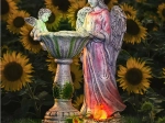 Solarni vrtni angel z ptičjo kopeljo in RGB LED osvetlitvijo
