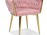 Velvet pink glamour chair with gold legs and braided upholstery