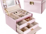 Rožnata satenska škatlica za nakit s ključkom in ogledalcem