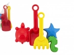 Plastic sand set with shovel, rake and molds in a net