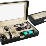 Črn organizator za ure in očala s steklenim pokrovom in ključavnico