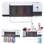 Stenski organizator za zobne ščetke z dozirnikom paste in 3 kozarčki, bel