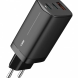 Omrežni polnilnik GaN 65 W, 2× USB-C + USB-A, črna