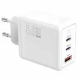 Omrežni polnilnik 2× USB‑C + USB‑A s Power Delivery, bel, GaN 65 W